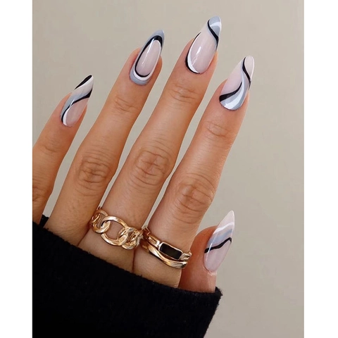 Lange Amandelvormige Press On Nagels Geometrische Abstracte Lijnen Minimalistische Stijl Kunstnagels Voor Dames Manicure