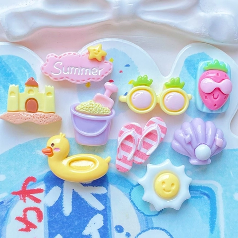 Mini Summer Beach Theme Resin Charms Flatback Cabochons For DIY Crafts Phone Case Hair Clip Decoration Novelty