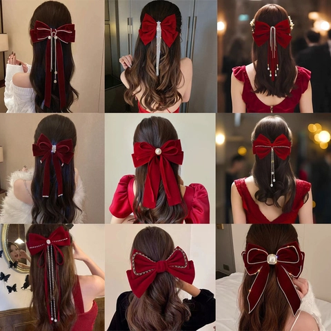 Fermaglio Per Capelli Con Fiocco Grande In Velluto Elegante Rosso Nero Nastro Strass Perla Artificial Nappa Sposa Matrimonio