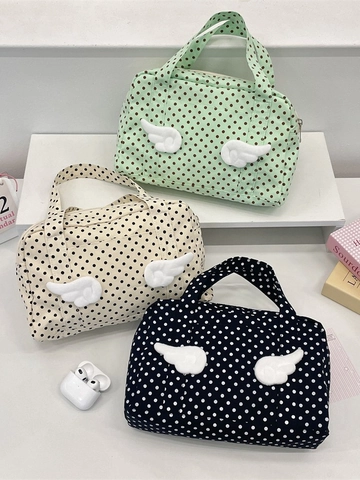 Polka Dot Handbag Polyester Twill With 3D Plush Wings Zipper Portable Travel Cosmetic Bag Cute Japanese Style For Women