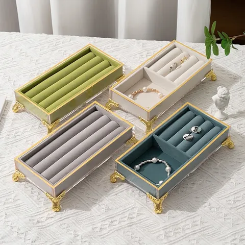 Luxury Jewelry Display Tray Box With Acrylic Frame And Velvet Lining Vintage Ring Earring Necklace Storage Organizer Case