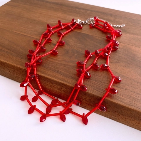Red Multi-Layer Glass Beaded Necklace With Copper Water Drop Shape Adjustable Fashion Clavicle Chain For Women