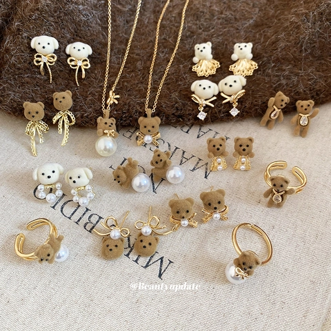 Oso Cachorro Flocado Collar Pendientes Anillo Perla Artificial Aleación 925 Sterling Silver Earring Post Diamante Lindo Chapado Oro
