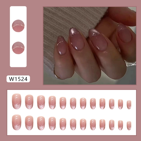 Press On Nails Gradient Katzenauge Französischer Stil Rosa Glänzend ABS Kunststoff Ovale Künstliche Nägel Für Frauen