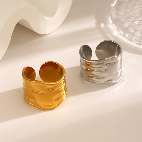 Anillo Ancho Geométrico Irregular Acero Inoxidable Textura Ondulada Abierto Ajustable Joyería Minimalista Para Mujer