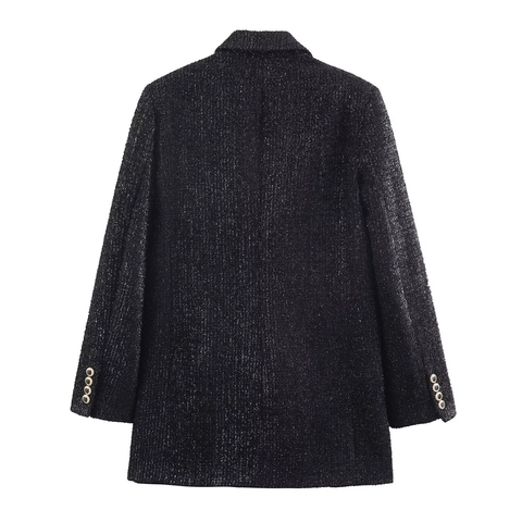 Damen Tweed Blazer Jacke Überlappende Vorderseite Metallic Faden Langarm Elegant Lässig Oberbekleidung Goldknöpfen
