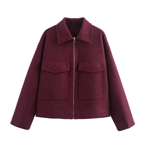 Women Short Woolen Jacket Zip Up Lapel Collar Loose Fit Coat With Large Flap Pockets Retro Casual Fashion Outwear