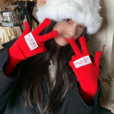 Women Winter Knit Gloves Touch Screen Compatible Thermal Warm Embroidery Letter Patch Candy Color Outdoor