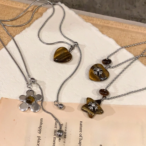Collana Con Ciondolo In Pietra Occhio Di Tigre Catena In Lega Forme Cuore Croce Stella Gioielli Etnici Vintage Donna