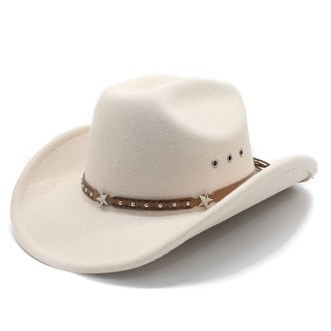 Western Cowboy Hat Wide Brim Cotton Polyester Felt Star Rivets Leather Band Breathable Ethnic Style Outdoor Unisex