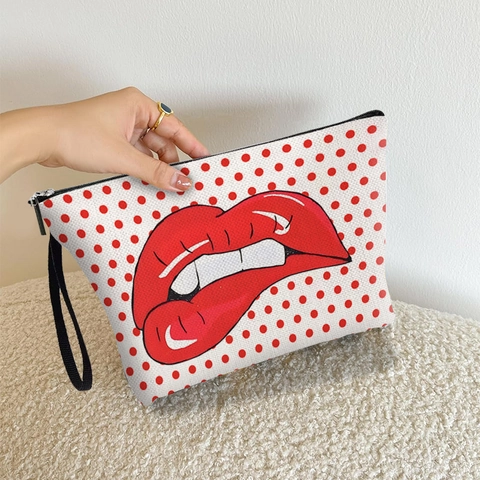 Borsa Da Trucco Pop Art Labbra Rosse E Pois In Lino Fine Pochette Cosmetica Portatile Con Cerniera E Cinturino Da Polso Per Donna
