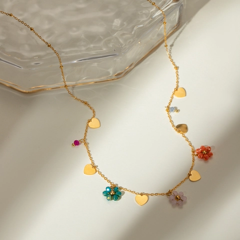 Flower Heart Pendant Necklace 18K Gold Plated Stainless Steel Colorful Glass Beads Beaded Chain Jewelry For Women