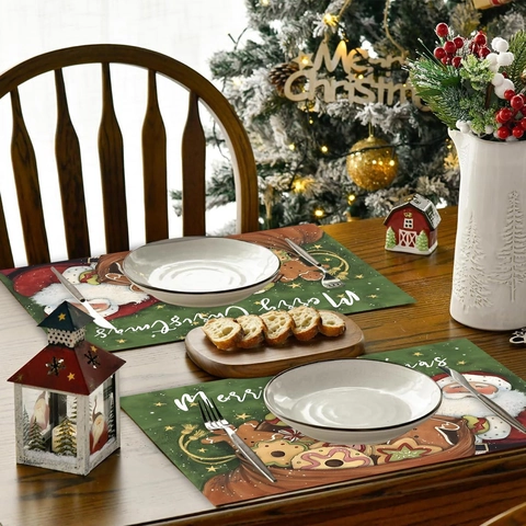 Christmas Placemat Polyester Heat Resistant Washable Santa Claus Gingerbread Man Pattern Holiday Table Mat Rectangular Festive Dining Decor