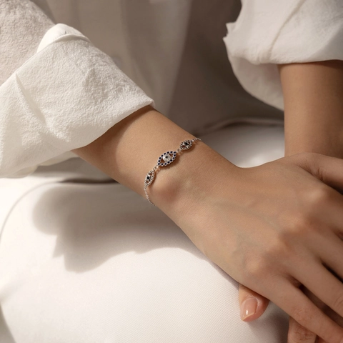 Evil Eye Armband 925 Sterling Silber Blau Weiß Zirkonia Glücksbringer Schmuck Verstellbar Für Damen