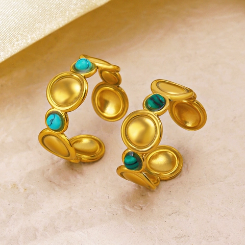 Geometric Circle Open Ring Stainless Steel Gold Plated Adjustable Malachite Turquoise Inlay Vintage Bohemian Jewelry For Women