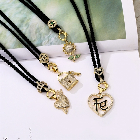 Girasol Corazón Cerradura Llave Cobre Colgante Collar Zircón Incrustado Ajustable Cuerda Negra Joyería Mujeres Hombres