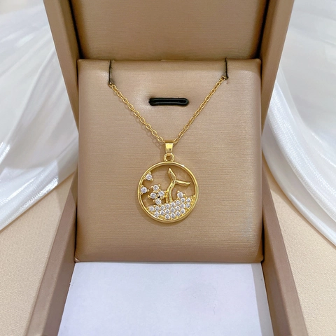 Zeemeermin Staart Hanger Ketting Roestvrijstalen Ketting Koper Zirkoon Ingelegd Rond Opengewerkt Elegante Sieraden Voor Vrouwen