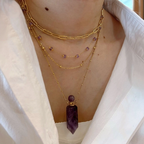 Edelstahl Naturstein Parfümflasche Anhänger Halskette Amethyst Perlenkette Damen Mode Schmuck Elegantes Geschenk
