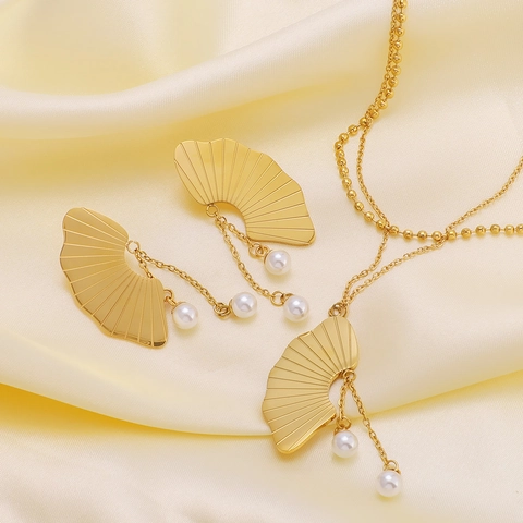 Collana Con Ciondolo E Orecchini A Forma Di Ventaglio Foglia Di Ginkgo Acciaio Inossidabile Placcato Oro 18K Perla Artificiale Nappa Gioielli Eleganti Per Donne