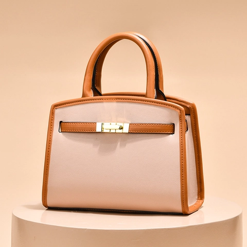 Women Color Block Handbag PU Leather Large Capacity Crossbody Shoulder Bag With Top Handle And Gold Hardware Twist Lock