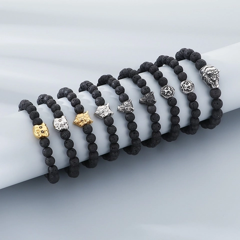Lava Stone Beaded Bracelet With Animal Head Alloy Charm Vintage Punk Style Elastic Wristband For Men Unisex