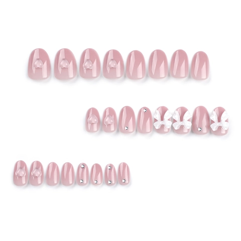 Press On Nails Nude Pink Glossy Short Oval Artificial False Finger Nails With 3D White Bowknot Heart Charm Rhinestone