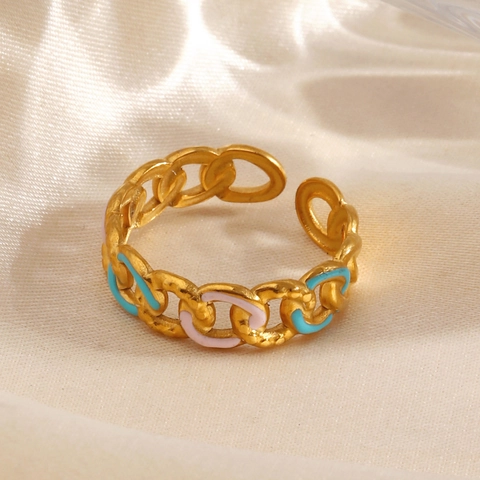 Fashion Chain Link Adjustable Open Ring Stainless Steel With Colorful Enamel Drip Oil Hip Hop Style For Women