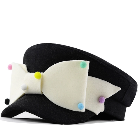 Cappello Newsboy Donna Fiocco Grande Pompon Colorati Feltro Poliestere Cappello Ottagonale Stile Retrò Moda Invernale