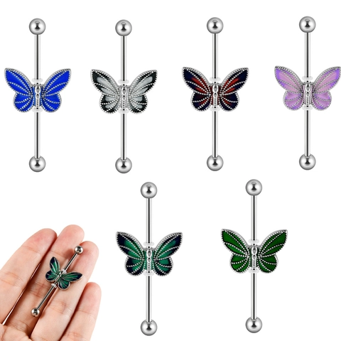 Butterfly Industrial Barbell Earrings Stainless Steel Copper Enamel Drip Oil Body Piercing Jewelry Unisex Fashion