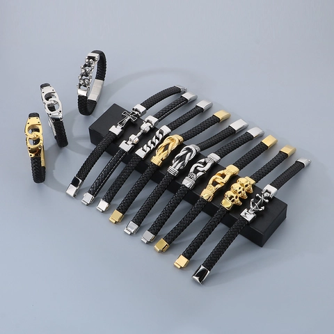 Herren Geflochtenes Lederarmband 316L Edelstahl Magnetverschluss Totenkopf Anker Kreuz Punk Rock Modeschmuck
