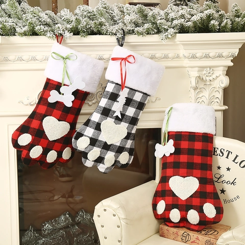 Christmas Stocking Pet Paw Shaped Plaid Fabric Plush Cuff Hanging Ornament Gift Candy Bag For Holiday Tree Decoration