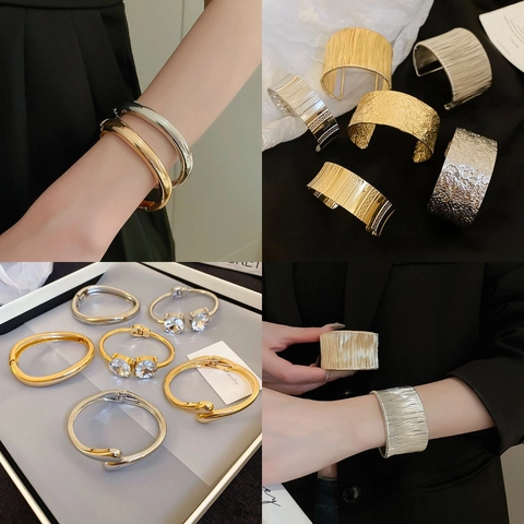 Bracelets Joncs Ouverts Mode Minimaliste Métal Texturé Cristal Coquille Inscrusté Luxe Léger Polyvalent Femmes