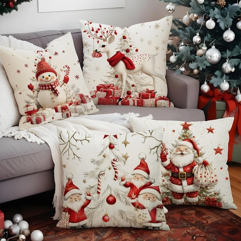 Christmas Throw Pillow Cover Linen Square Santa Claus Snowman Reindeer Print Decorative Home Sofa Holiday Decor