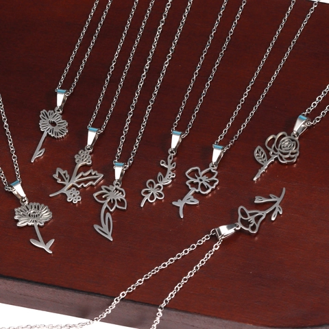 Birth Month Flower Necklace Stainless Steel 18K Gold Plated Minimalist Floral Pendant Jewelry Gifts For Women