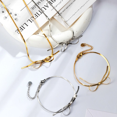 Bowknot Stainless Steel Jewelry Set For Women Snake Chain Necklace Bracelet And Earrings Minimalist Elegant Accessory