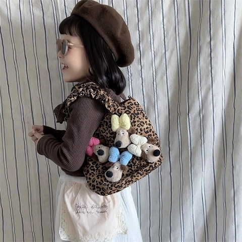 Borsa A Tracolla Leopardata Per Bambine Con Ciondoli A Forma Di Cane In Peluche 3D Manico Pieghettato Alla Moda