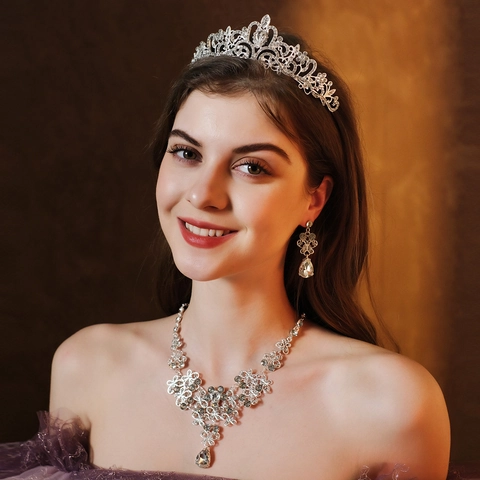 Vintage Luxurious Bridal Jewelry Crown Necklace Earrings Silver Plated Alloy Rhinestone Teardrop Wedding Party Prom Women