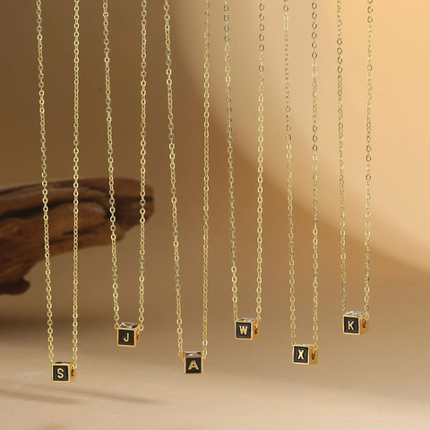 Minimalist Square Cube Pendant Necklace Copper With Gold Plating Black Enamel Initial Letter Clavicle Chain For Women