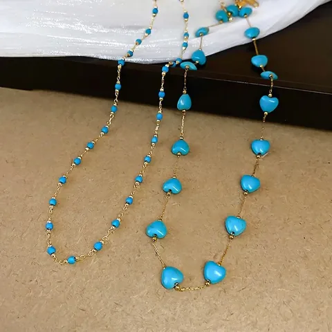 Turquoise Perlenkette Vergoldetes Kupfer Herz Runde Perlen Boho Retro Schlüsselbeinkette Schmuck Für Damen
