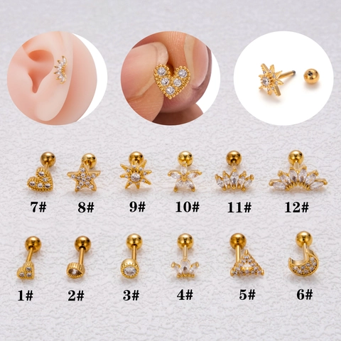 Stainless Steel Copper Zircon Ear Cartilage Stud Piercing Jewelry Micro Inlaid Screw Ball Back Heart Star Moon Studs