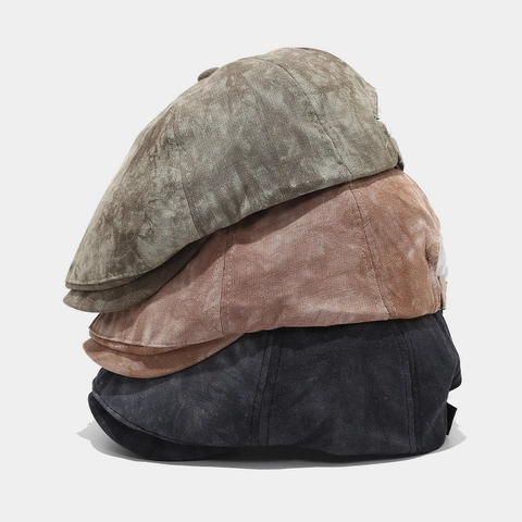 Berretto Newsboy Vintage Cotone Lavato Flat Cap Retro Ivy Cabbie Hat Regolabile Tesa Corta Unisex Stile Britannico