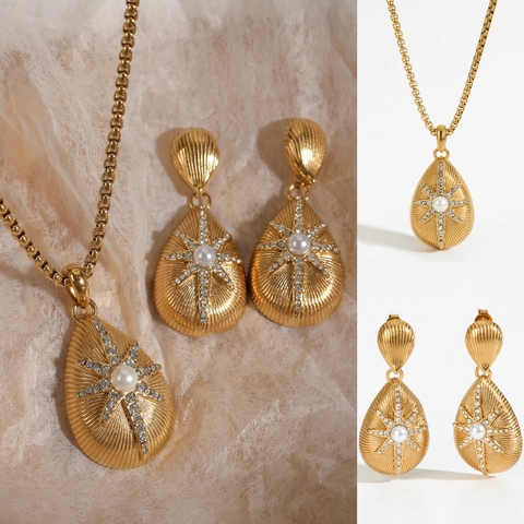 Gioielli Acciaio Inossidabile Goccia Perla Artificial Zircone Stella Collana E Orecchini Retro Francese Lusso Donne Impermeabile