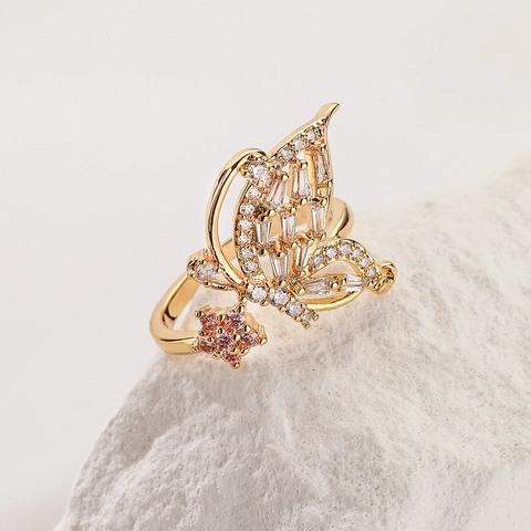 18K Gold Plated Copper Butterfly Flower Fish Tail Open Ring With Zirconia Elegant Fashion Jewelry For Women