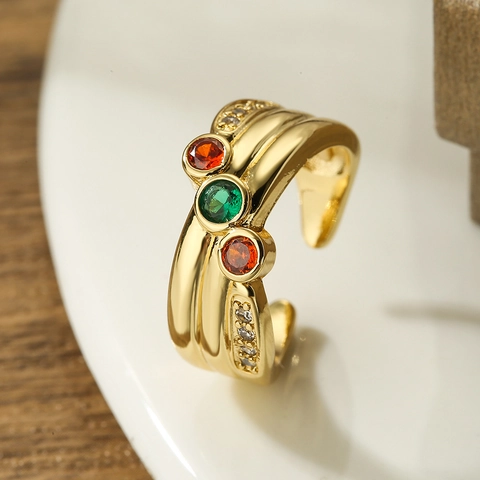 Vintage Copper Gold Plated Open Ring For Women Geometric Irregular Multi Layer Adjustable Zircon Micro Pave Jewelry