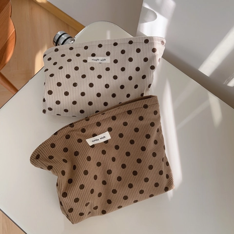 Polka Dot Corduroy Makeup Bag Vintage Maillard Style Clutch Zip Cosmetic Organizer For Travel Daily Wash Pouch