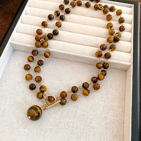 Retro Tiger's Eye Stone Beaded Necklace With Golden Alloy Toggle Clasp And Round Ball Pendant Ethnic Style Niche Jewelry For Women