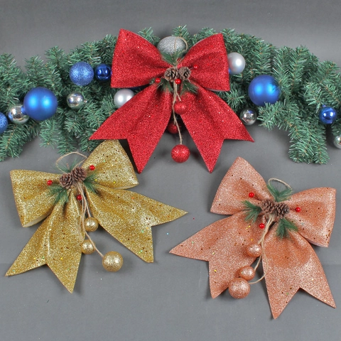 Grande Fiocco Natalizio Decorazione Pigne Naturali Bacche Rosse Tessuto Glitterato Ornamenti Albero Di Natale Arredo Festa