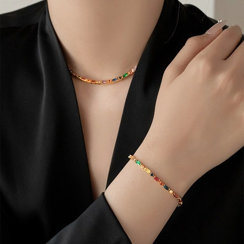 Gioielli Collana E Bracciale Arcobaleno Rame Placcato Oro Zircone Rettangolare Colorato Per Donna Vintage Retro Lusso