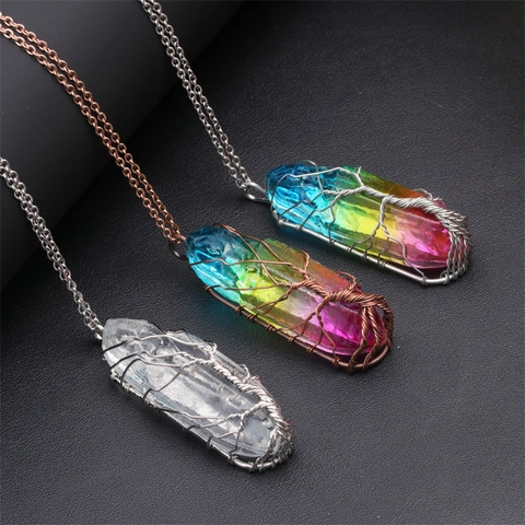 Tree Of Life Pendant Necklace Rainbow Crystal White Quartz Copper Wire Wrapped Vintage Boho Jewelry For Women