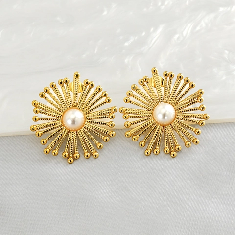 Orecchini A Lobo A Sole Placcati Oro 18K Acciaio Inossidabile Centro Perla Artificial Gioielli Di Moda Minimalisti Geometrici Per Donna